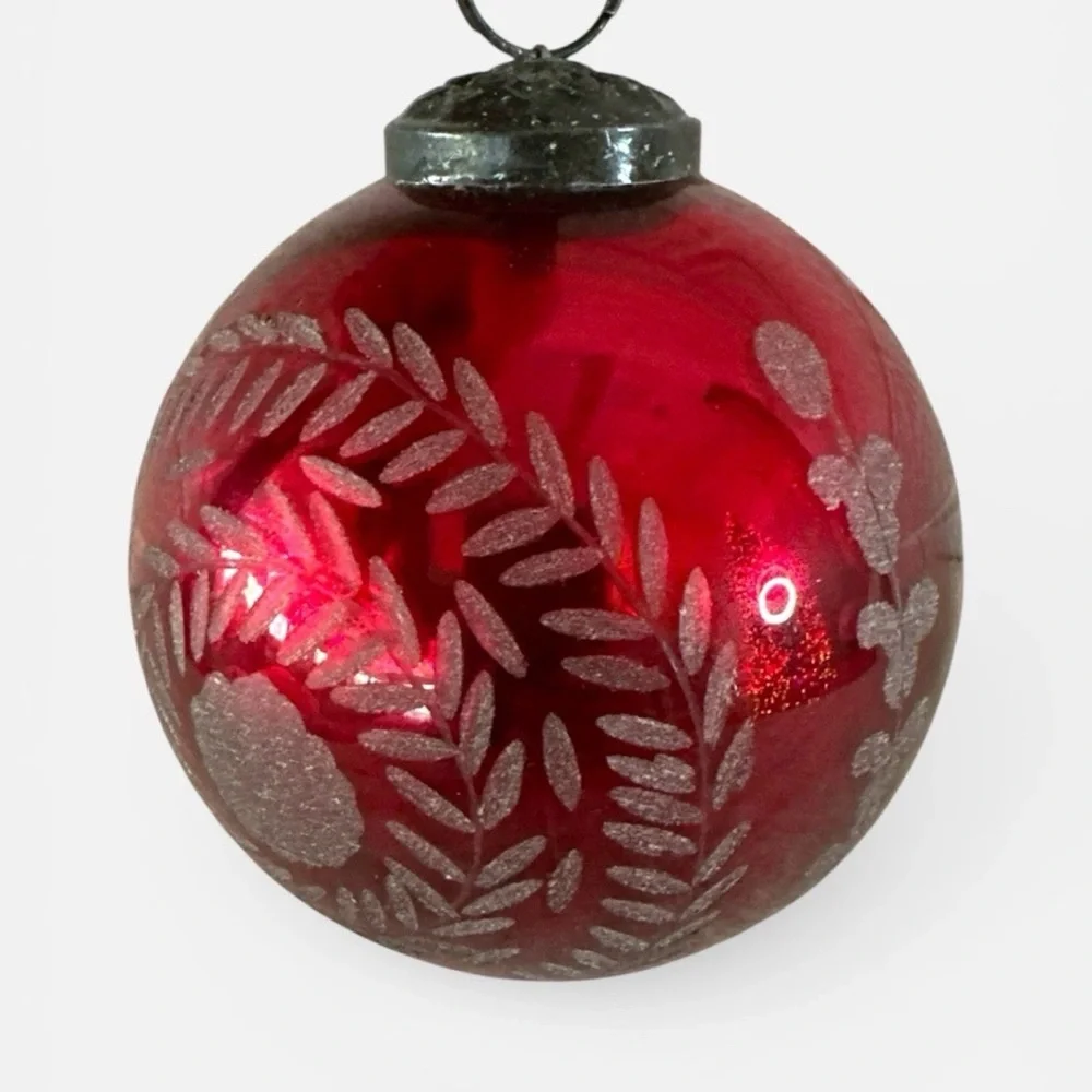 Pottery Barn Large Mercury Etched Glass Christmas CRANBERRY Ornament Ball Red 4